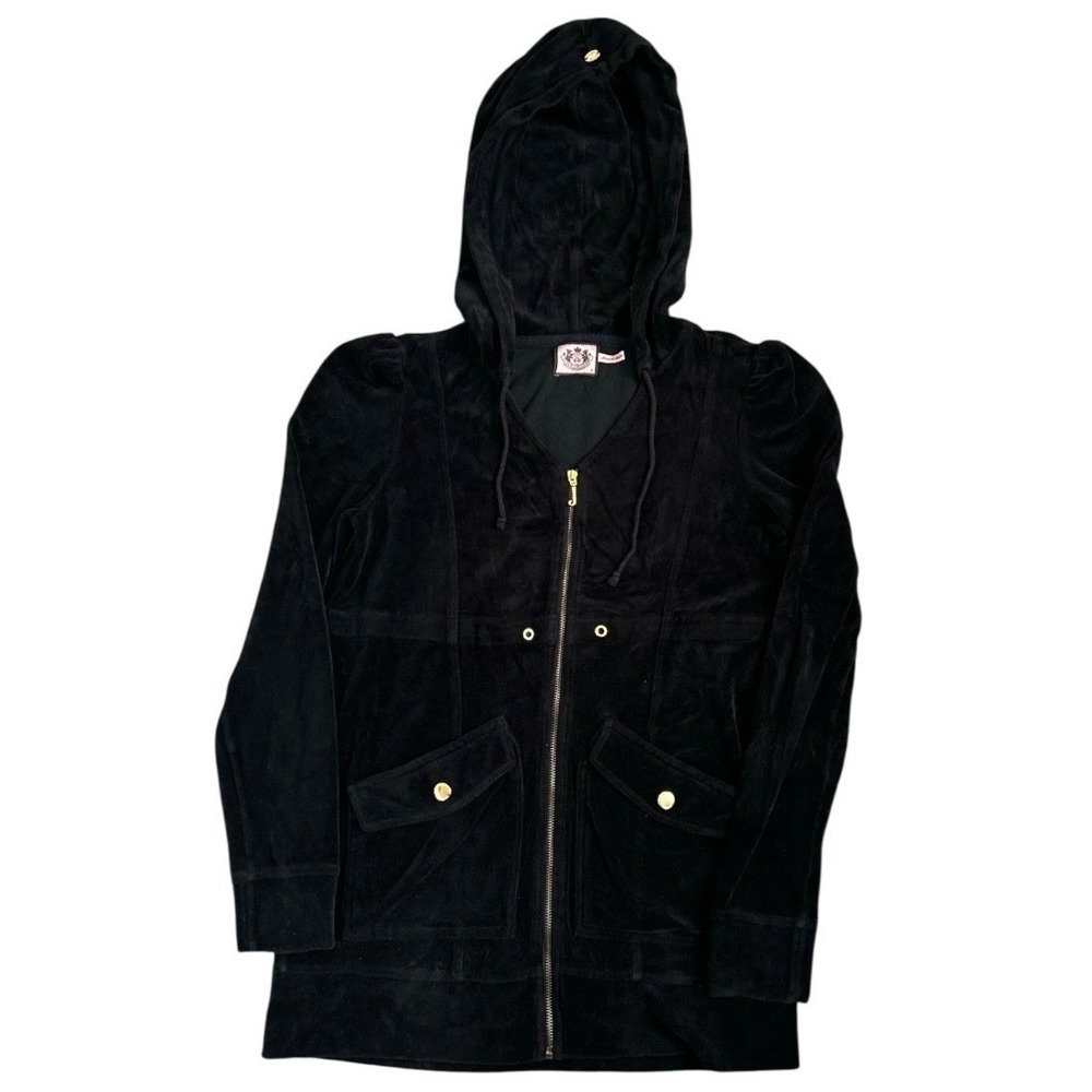 Juicy Couture Black Velour Zip Up Hoodie Jacket Size Medium Vintage Y2K